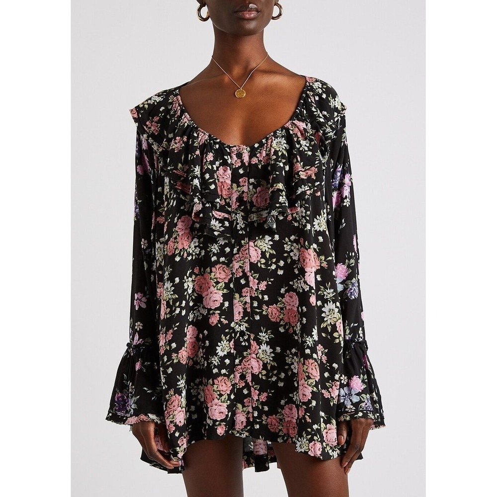 Free People Loretta Ruffle Floral Printed Tunic In Dark Combo Women's Size XS